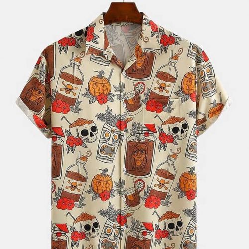 Mens Retro Drink Tiki Skull Print Shirt – Casual Hawaiian Aloha Shirt