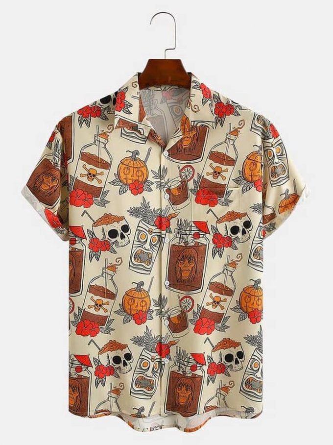Mens Retro Drink Tiki Skull Print Shirt – Casual Hawaiian Aloha Shirt