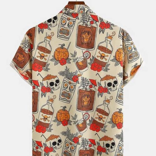 Mens Retro Drink Tiki Skull Print Shirt - Casual Hawaiian Aloha Shirt