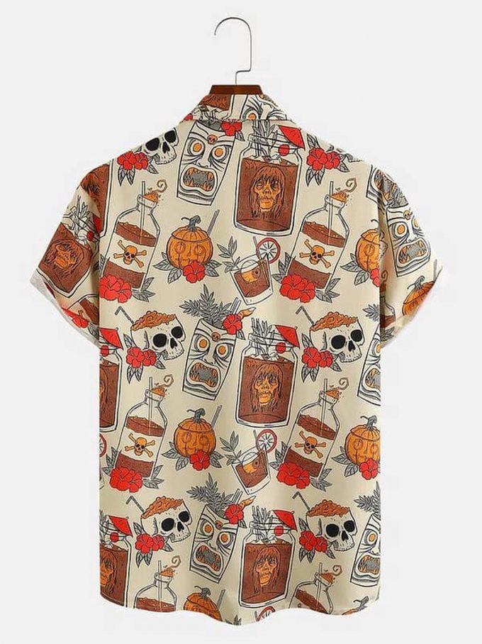 Mens Retro Drink Tiki Skull Print Shirt – Casual Hawaiian Aloha Shirt