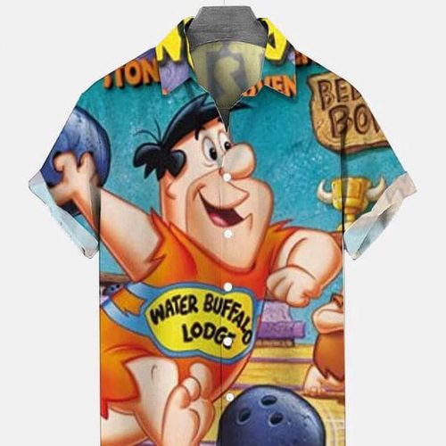 Men’s Vintage Flintstones Barney And Fred Bowling Print Aloha Shirt