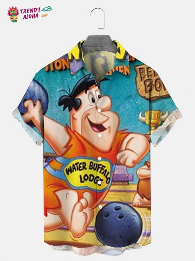 Men’s Vintage Flintstones Barney And Fred Bowling Print Aloha Shirt