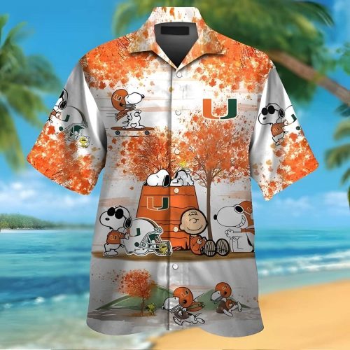Miami Hurricanes Autumn Tree The Peanuts Snoopy 3D Button Hawaiian Shirt Gift for Men Dad Father JR