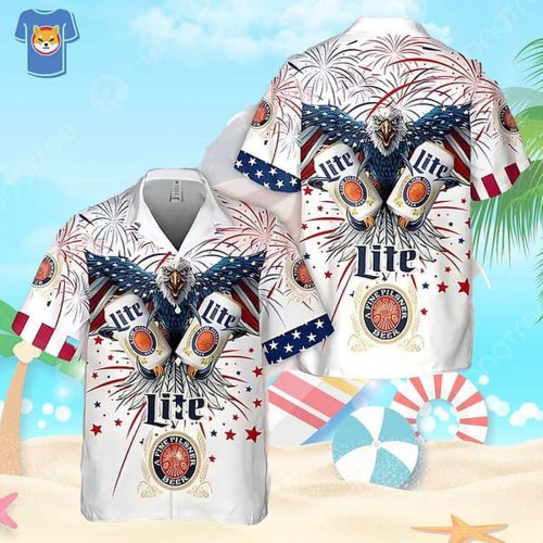 Miller Lite Beer Fireworks Eagle Independence Day Hawaiian Shirt