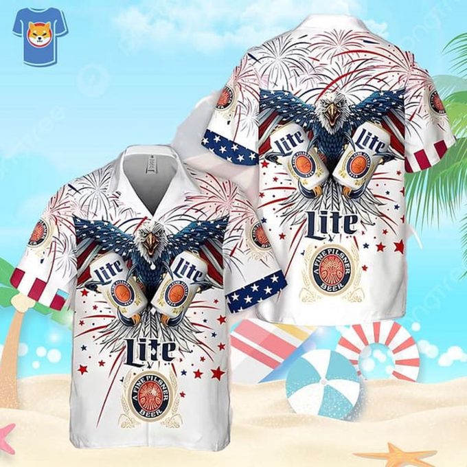 Miller Lite Beer Fireworks Eagle Independence Day Hawaiian Shirt