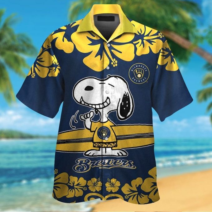 Milwaukee Brewers Snoopy Short Sleeve Button Up Tropical Aloha 3D Button Hawaiian Shirt Gift for Men Dad Father Set for Men Women Kids