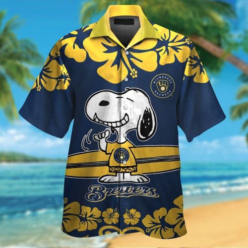 Milwaukee Brewers Snoopy Short Sleeve Button Up Tropical Aloha 3D Button Hawaiian Shirt Gift for Men Dad Father Set for Men Women Kids