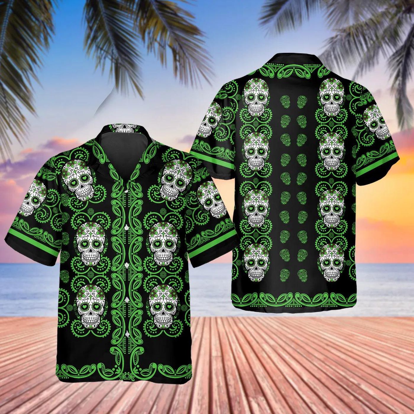 Pattern Green Color Skull Hawaiian Shirt Skull & Viking 3D Clothing Pattern Green Color Skull Hawaiian Shirt Skull & Viking 3D Clothing