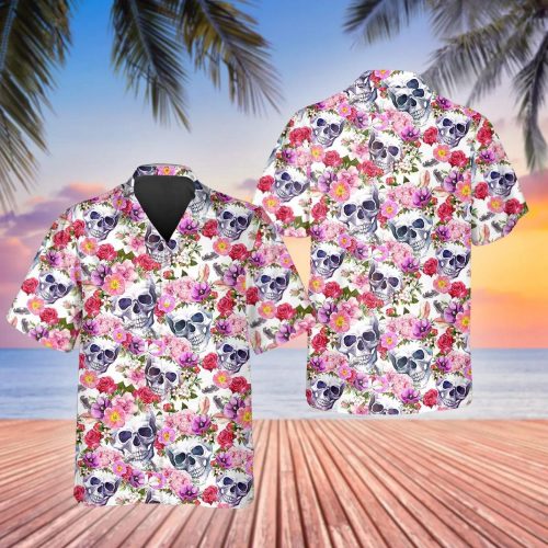 Pink Blossom Flowers Skull Hawaiian Shirt Skull & Viking 3D  Clothing