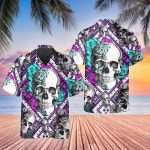 Purple And Teal Aztec Rose Skull Hawaiian Shirt Skull & Viking 3D  Clothing