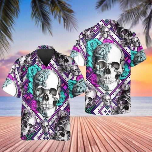 Purple And Teal Aztec Rose Skull Hawaiian Shirt Skull & Viking 3D  Clothing