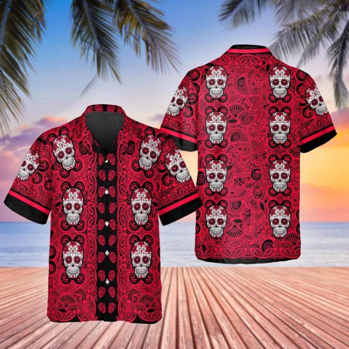 Red Pattern Color Skull Hawaiian Shirt Skull & Viking 3D  Clothing