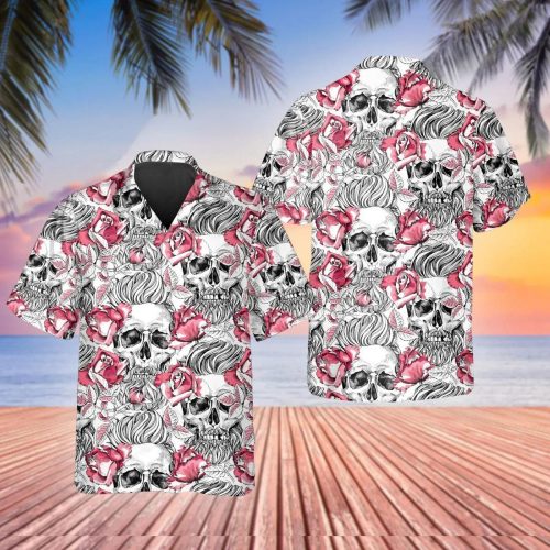Rose Pattern Happy Summer Skull Hawaiian Shirt Skull Aloha Shirt For Men Women