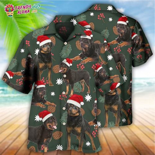 Rottweiler Green Leaf Merry Christmas Hawaiian Shirt – Trendy Aloha: Festive Holiday Style