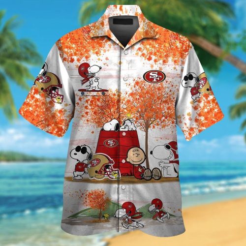 San Francisco 49ers Snoopy Autumn Short Sleeve Button Up Tropical Aloha 3D Button Hawaiian Shirt Gift for Men Dad Father Set for Men Women Kids