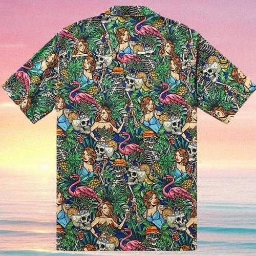 Skeleton Flamingo Print Pocket Short Sleeve Hawaiian Shirt