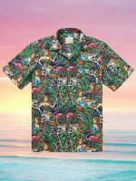 Skeleton Flamingo Print Pocket Short Sleeve Hawaiian Shirt