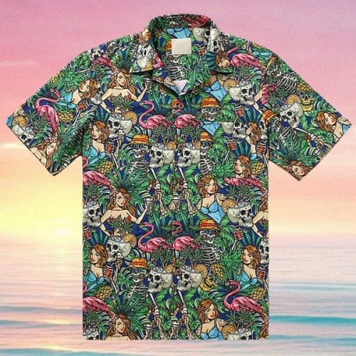 Skeleton Flamingo Print Pocket Short Sleeve Hawaiian Shirt