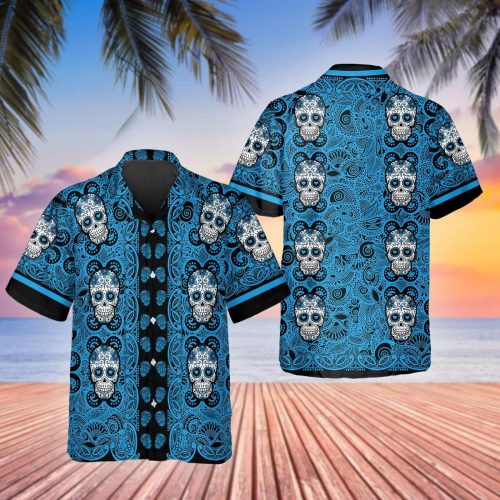 Sky Blue Pattern Color Skull Hawaiian Shirt Skull & Viking 3D  Clothing