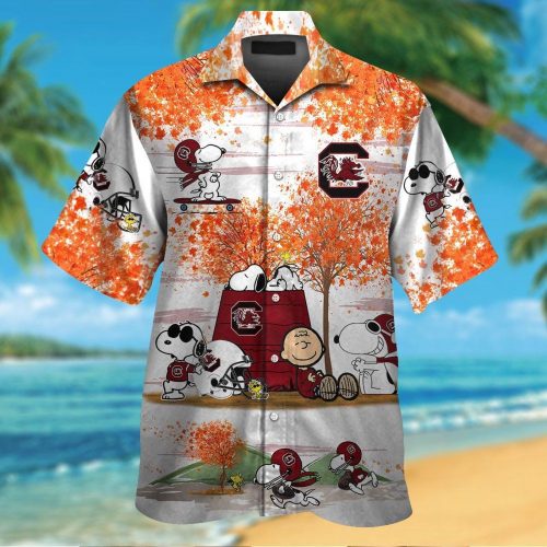South Carolina Gamecocks Snoopy Autumn Short Sleeve Button Up Tropical Aloha 3D Button Hawaiian Shirt Gift for Men Dad Fathers For Men Women Ncaa