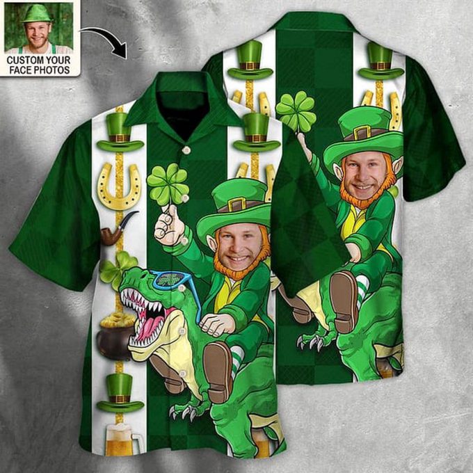 St Patrick’s Day Leprechaun Riding Dinosaur Funny Custom Photo Personalized Hawaiian Shirt