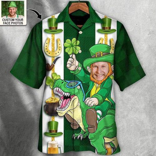 St Patrick’s Day Leprechaun Riding Dinosaur Funny Custom Photo Personalized Hawaiian Shirt