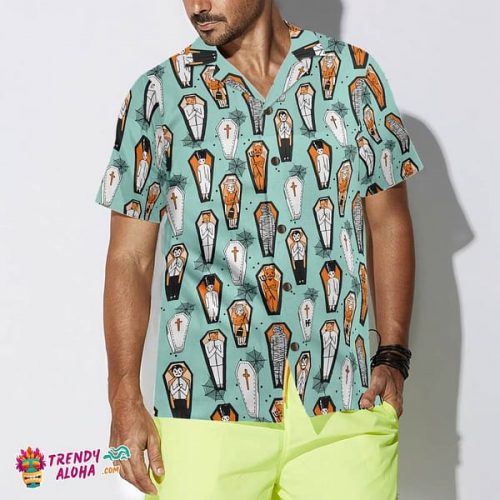 Vampire Coffins Halloween Shirt For Men, Arctic Blue Coffin Pattern Hawaiian Shirt