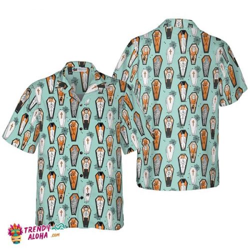 Vampire Coffins Halloween Shirt For Men, Arctic Blue Coffin Pattern Hawaiian Shirt