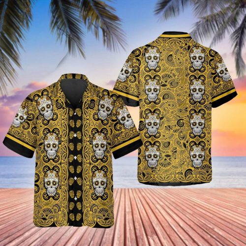 Yellow Pattern Color Skull Hawaiian Shirt Skull Aloha Shirt Gift For Men Women