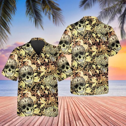 Yellow Plant Seamless Pattern Skull Hawaiian Shirt Skull Aloha Shirt For Men Women