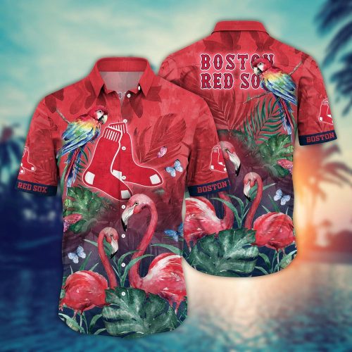 Boston Red Sox Hawaiian Shirt: Pink Crane Pattern for MLB Fans