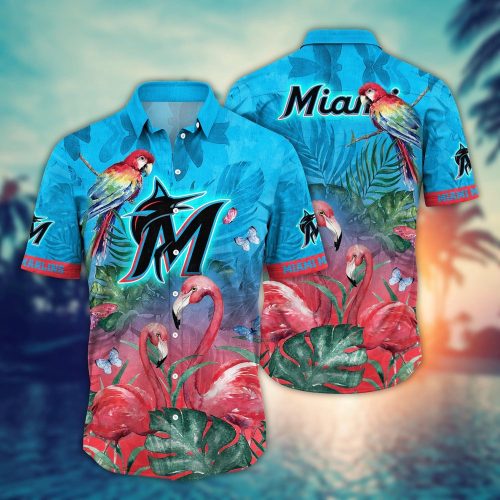 Miami Marlins Hawaiian Shirt with Pink Crane Pattern – Perfect for Fans!