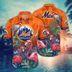 MLB New York Mets Hawaiian Shirt: Pink Crane Pattern for Fans
