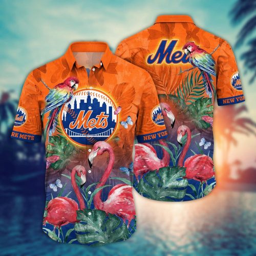 MLB New York Mets Hawaiian Shirt: Pink Crane Pattern for Fans
