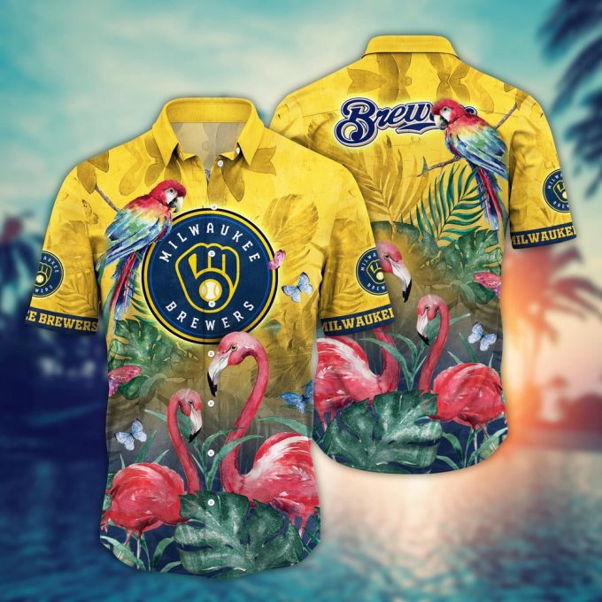 Milwaukee Brewers Hawaiian Shirt: Pink Crane Pattern for Fans