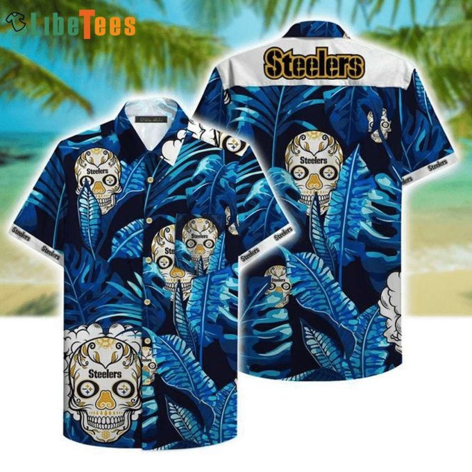 NFL Pittsburgh Steelers Logo Skull And Leafs Pattern Steelers Hawaiian Shirt  Perfect Gifts For Your Loved Ones