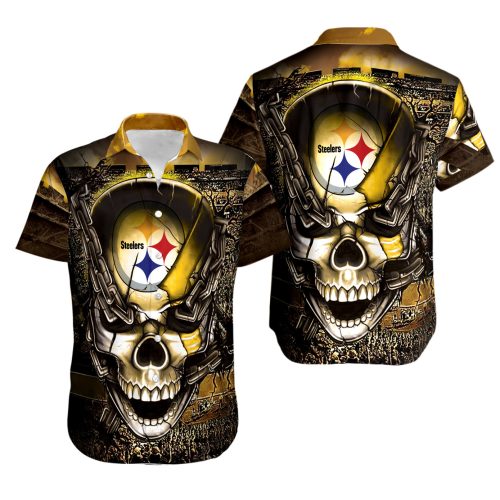 NFL Pittsburgh Steelers Iron Skull Golden Black Hawaiian Shirt Men & Women Aloha Shirt