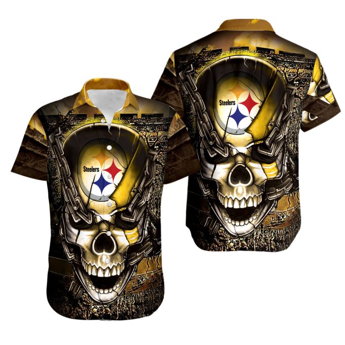 NFL Pittsburgh Steelers Iron Skull Golden Black Hawaiian Shirt Men & Women Aloha Shirt