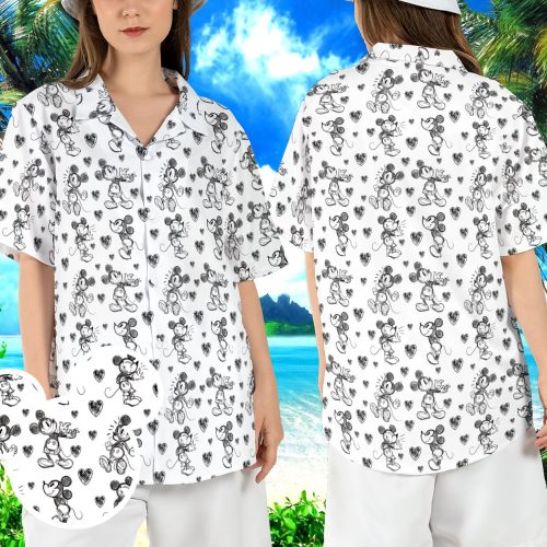 Mickey Minnie Sketch Hawaiian Shirt: Classic Animated Mouse Beach Aloha Shirt for Disneyland & Magic Kingdom