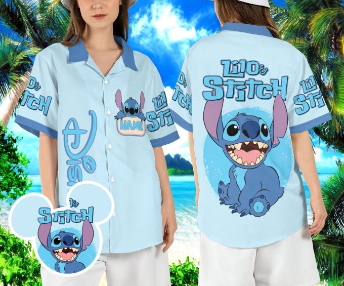 Stitch Hawaiian Shirt Collection: Tropical Flowers Hibiscus Beach Aloha Disneyland Blue Alien Button