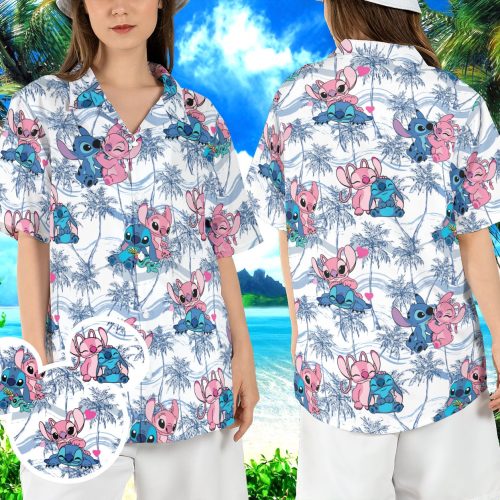 Stitch and Angel Hawaiian Couple Shirt for Disneyland Trip - Magic Kingdom Aloha Button Top
