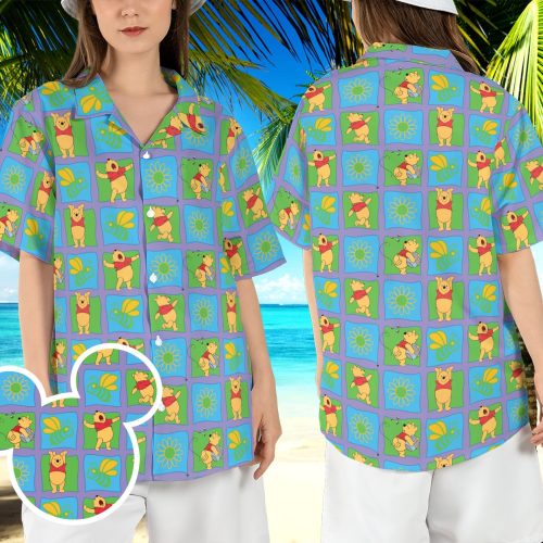 Pooh Bees and Blossoms Hawaiian Shirt - Winnie the Pooh Beach Aloha Disneyland Vacation Mode Button Shirt
