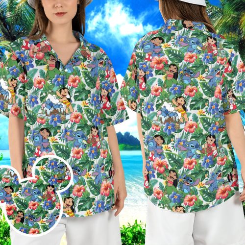 Lilo and Stitch Tropical Hawaiian Shirt - Disneyland Summer Aloha Beach Hibiscus Button Shirt