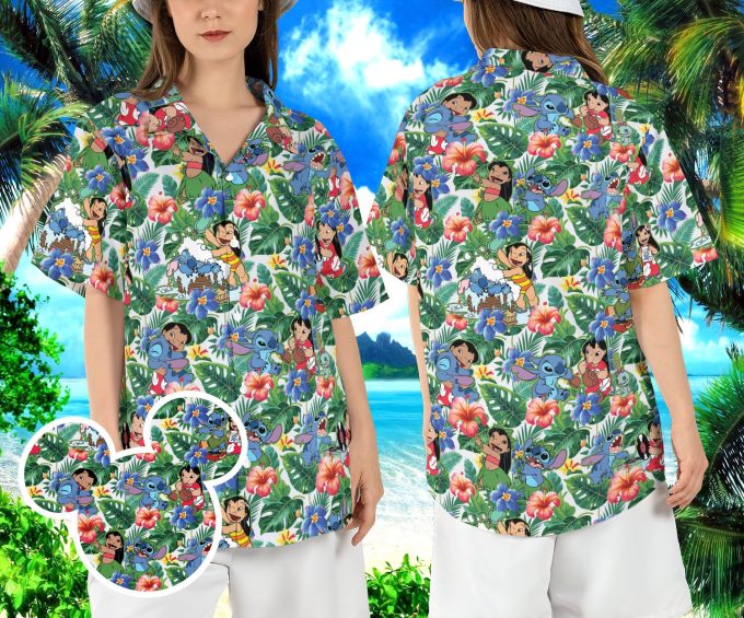 Lilo and Stitch Tropical Hawaiian Shirt – Disneyland Summer Aloha Beach Hibiscus Button Shirt