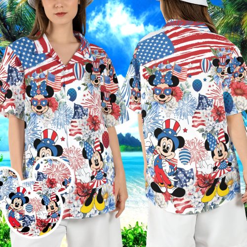 Mickey Minnie 4th of July Hawaiian Shirt, Disneyland USA Flag Hawaii Shirt, Patriotic Mouse Beach Aloha Shirt, Independence Day Button Shirt