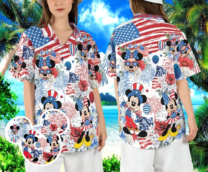 Mickey Minnie 4th of July Hawaiian Shirt, Disneyland USA Flag Hawaii Shirt, Patriotic Mouse Beach Aloha Shirt, Independence Day Button Shirt