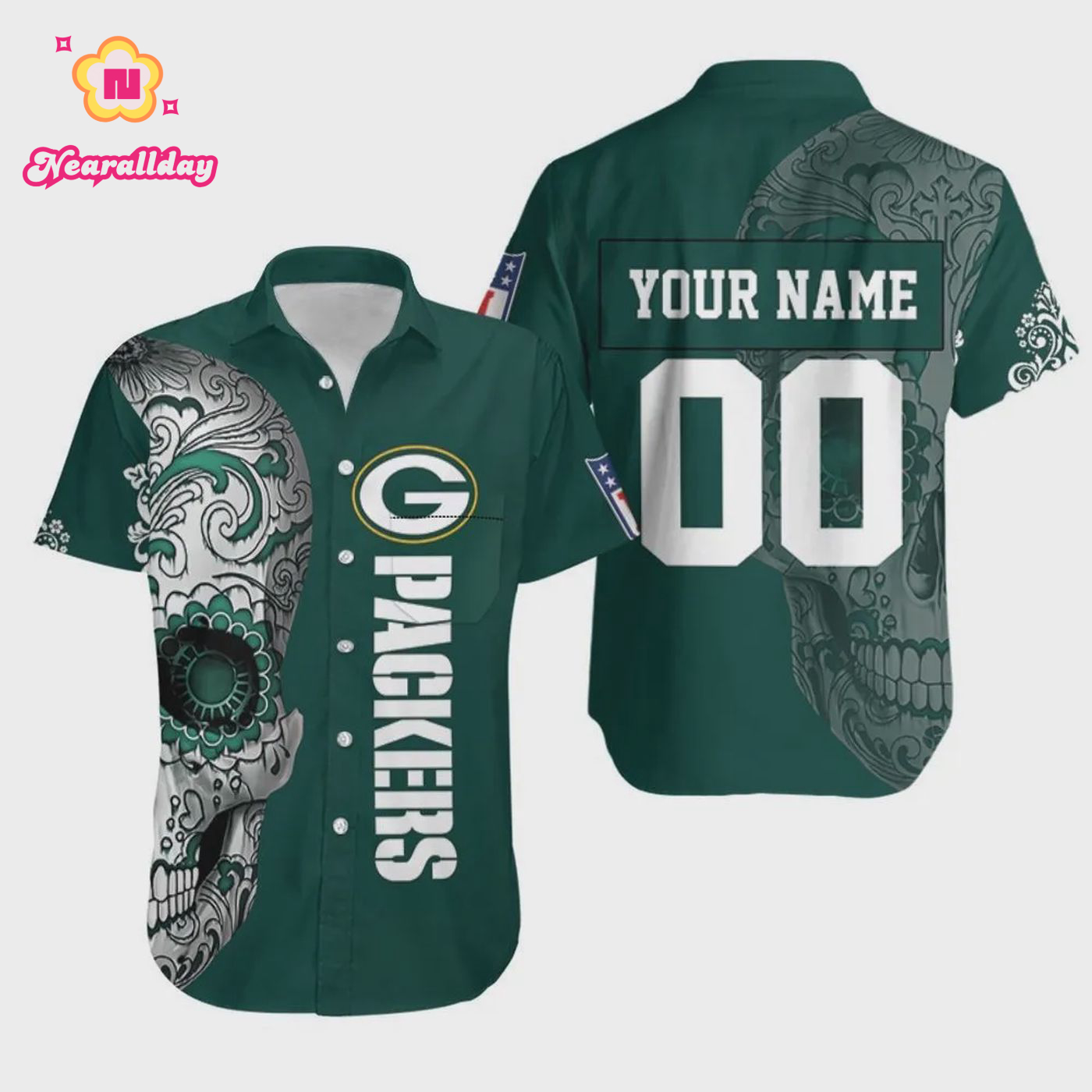 Custom Green Bay Packers Sugar Skull Hawaiian Shirt Custom Green Bay Packers Sugar Skull Hawaiian Shirt