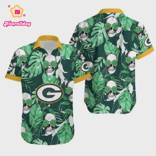 Green Bay Packers Coconut Leaves And Skulls Hawaiian Shirt