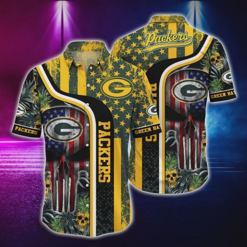 Green Bay Packers US Flag Skull Pattern Hawaiian Shirt