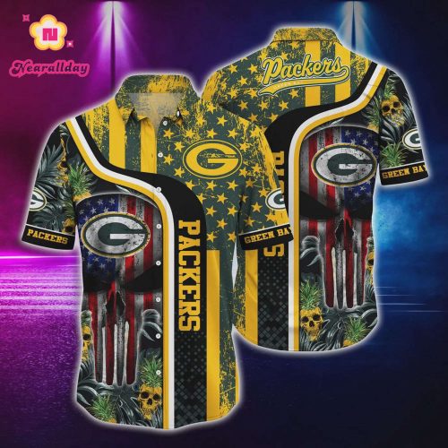 Green Bay Packers US Flag Skull Pattern Hawaiian Shirt